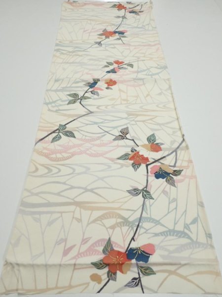 Photo5: 4D01z60  Japanese Kimono Silk  FABRIC Sakura Off-white 40.9x14.4 (5)