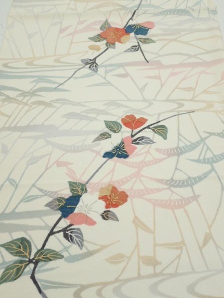 Photo1: 4D02z60  Japanese Kimono Silk  FABRIC Sakura Off-white 41.3x14.4 (1)