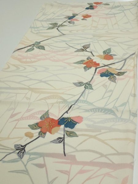 Photo3: 4D02z60  Japanese Kimono Silk  FABRIC Sakura Off-white 41.3x14.4 (3)
