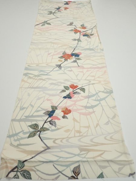 Photo5: 4D02z60  Japanese Kimono Silk  FABRIC Sakura Off-white 41.3x14.4 (5)