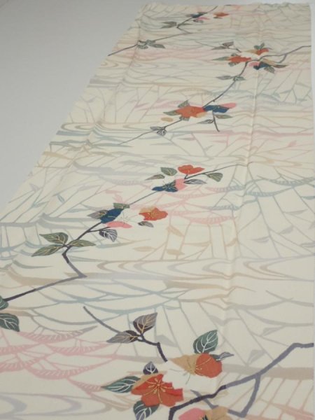 Photo3: 4D04z90  Japanese Kimono Silk  FABRIC Sakura Off-white 64.2x14.4 (3)