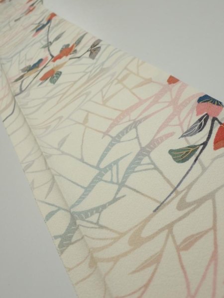 Photo1: 4D08z50  Japanese Kimono Silk  FABRIC Sakura Off-white 57.5x7.7 (1)