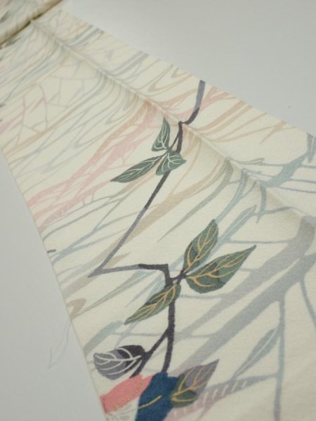 Photo1: 4D09z50  Japanese Kimono Silk  FABRIC Sakura Off-white 81.1x6.5 (1)