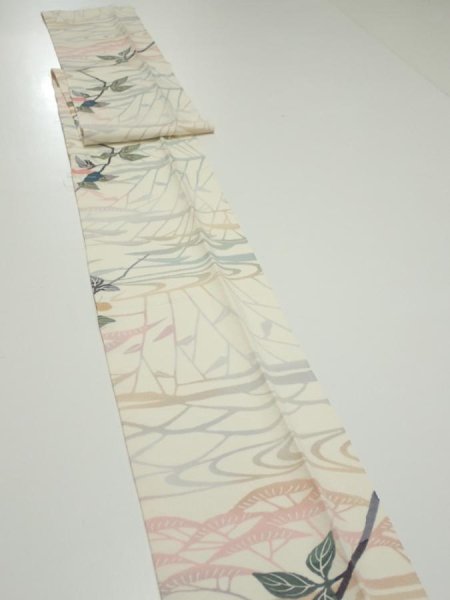 Photo3: 4D09z50  Japanese Kimono Silk  FABRIC Sakura Off-white 81.1x6.5 (3)