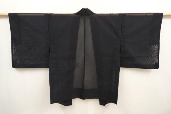 Photo1: 6928T02z230 Vintage Japanese Kimono Silk See through HAORI Flower Black (1)