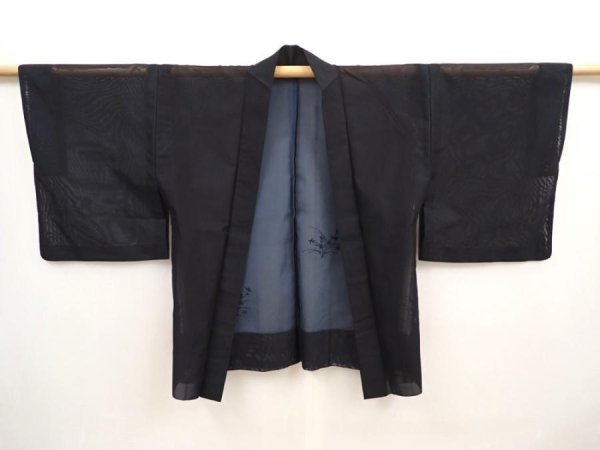 Photo5: 6928T02z230 Vintage Japanese Kimono Silk See through HAORI Flower Black (5)