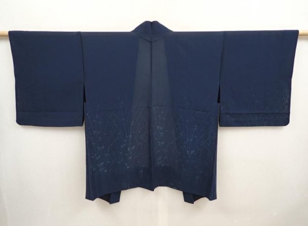 Photo1: 6928T03z290 Vintage Japanese Kimono Silk See through HAORI Plants Navy (1)