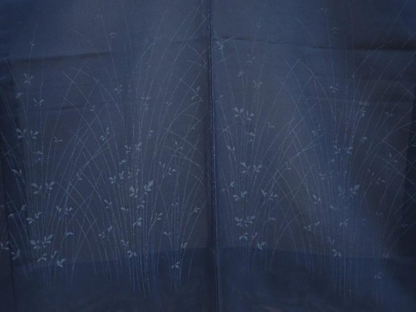 Photo3: 6928T03z290 Vintage Japanese Kimono Silk See through HAORI Plants Navy (3)