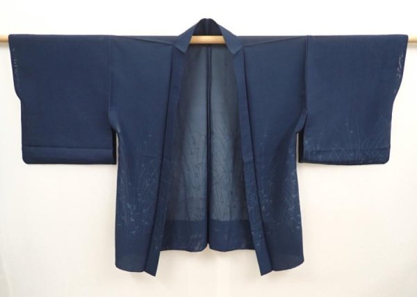 Photo5: 6928T03z290 Vintage Japanese Kimono Silk See through HAORI Plants Navy (5)