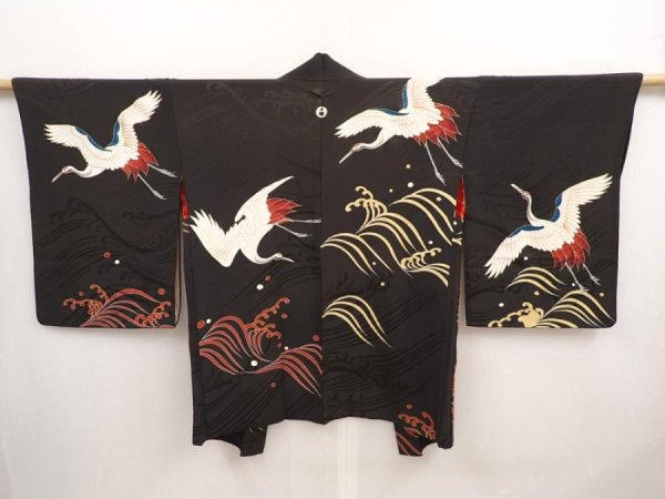Photo1: 6928T04z590 Vintage Japanese Kimono Silk HAORI Flying crane Black (1)