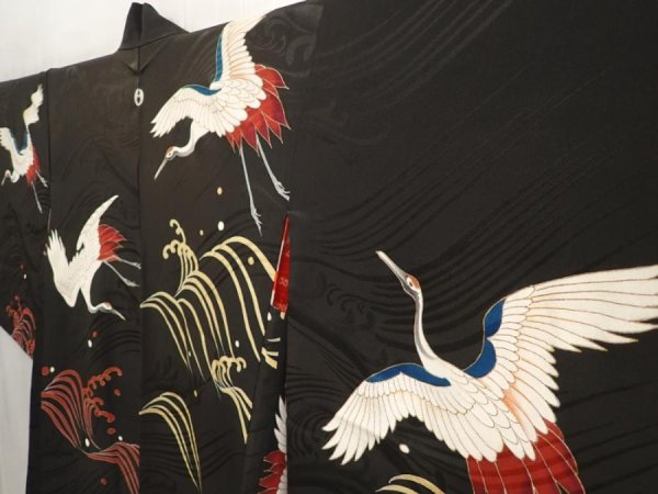 Photo2: 6928T04z590 Vintage Japanese Kimono Silk HAORI Flying crane Black (2)