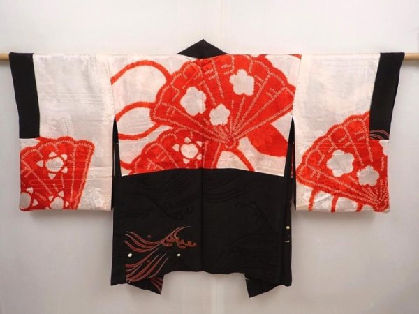 Photo7: 6928T04z590 Vintage Japanese Kimono Silk HAORI Flying crane Black (7)