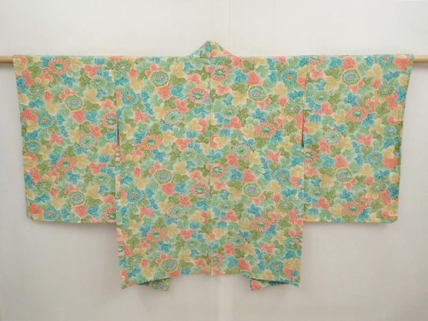Photo1: 6928T05z550 Vintage Japanese Kimono Silk HAORI Flower Green (1)
