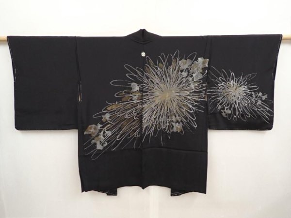Photo1: 6928T06z520 Vintage Japanese Kimono Silk HAORI Chrysanthemum Black (1)
