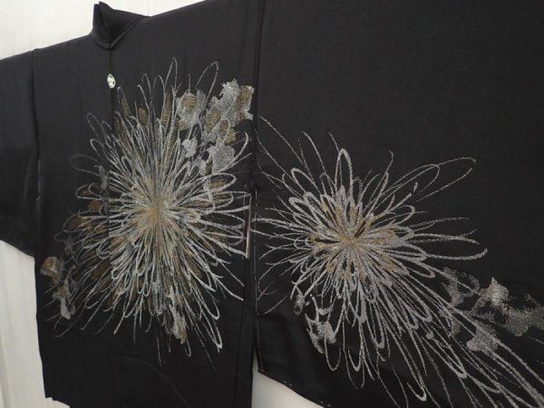 Photo2: 6928T06z520 Vintage Japanese Kimono Silk HAORI Chrysanthemum Black (2)