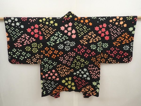 Photo1: 6928T07z530 Vintage Japanese Kimono Silk SHIBORI HAORI Flowers Black (1)