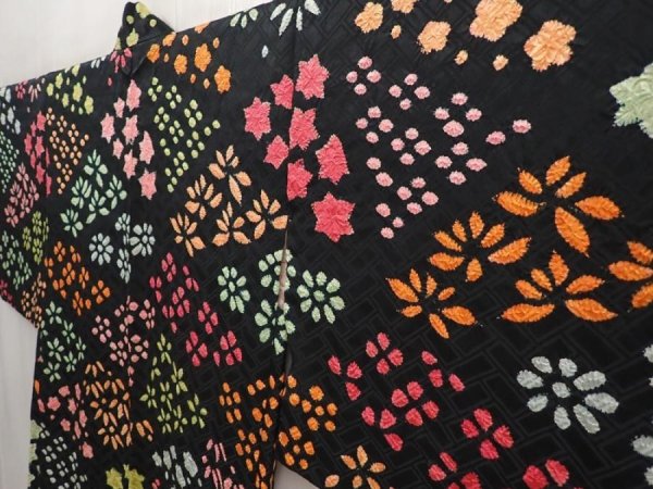 Photo2: 6928T07z530 Vintage Japanese Kimono Silk SHIBORI HAORI Flowers Black (2)