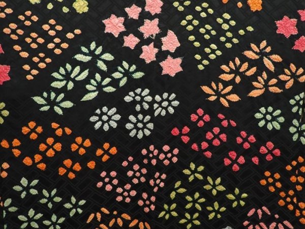 Photo3: 6928T07z530 Vintage Japanese Kimono Silk SHIBORI HAORI Flowers Black (3)
