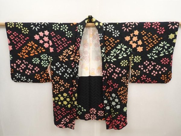 Photo5: 6928T07z530 Vintage Japanese Kimono Silk SHIBORI HAORI Flowers Black (5)