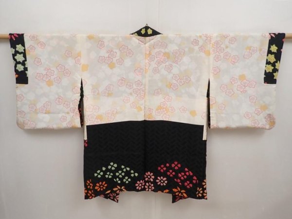 Photo6: 6928T07z530 Vintage Japanese Kimono Silk SHIBORI HAORI Flowers Black (6)