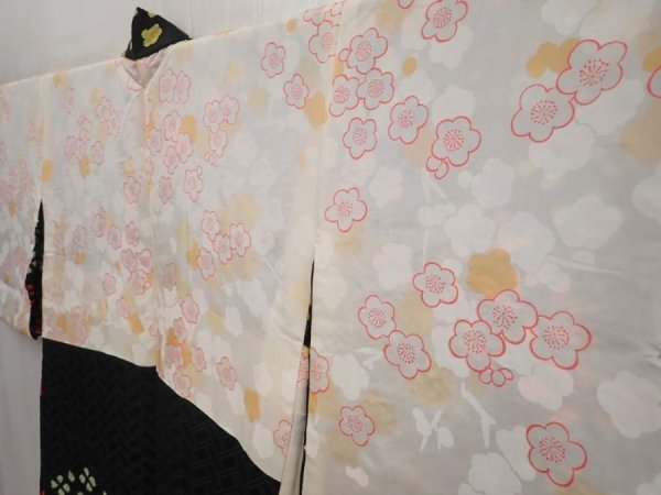 Photo7: 6928T07z530 Vintage Japanese Kimono Silk SHIBORI HAORI Flowers Black (7)