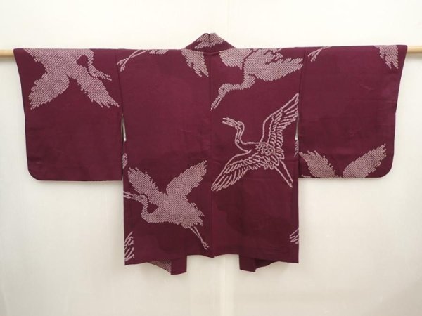 Photo1: 6928T09z440 Vintage Japanese Kimono Silk HAORI Flying crane Dull purple (1)
