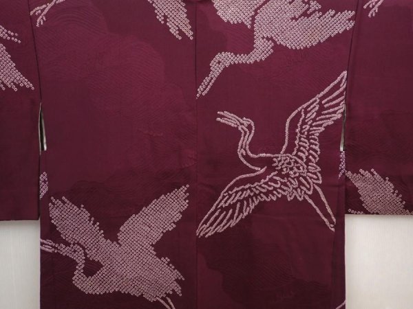 Photo3: 6928T09z440 Vintage Japanese Kimono Silk HAORI Flying crane Dull purple (3)