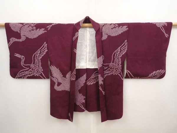 Photo5: 6928T09z440 Vintage Japanese Kimono Silk HAORI Flying crane Dull purple (5)