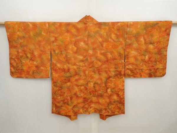 Photo1: 6928T10z570 Vintage Japanese Kimono Silk HAORI Flowers Dark orange (1)