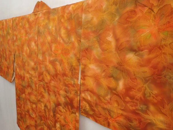 Photo2: 6928T10z570 Vintage Japanese Kimono Silk HAORI Flowers Dark orange (2)