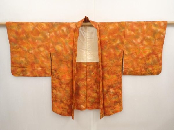 Photo5: 6928T10z570 Vintage Japanese Kimono Silk HAORI Flowers Dark orange (5)
