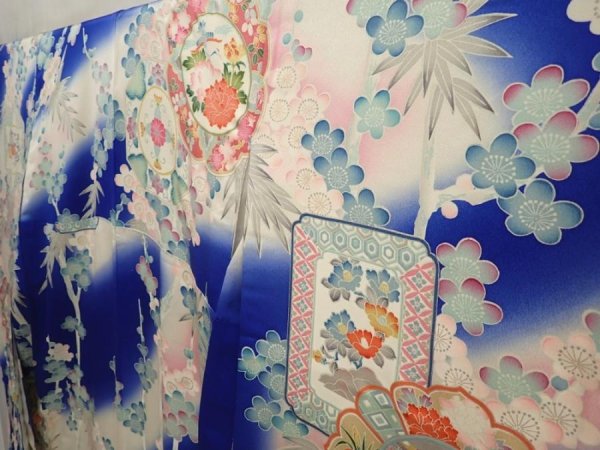 Photo2: 6928T11z1030  Japanese Kimono Silk FURISODE Plum blossom Oriental blue (2)