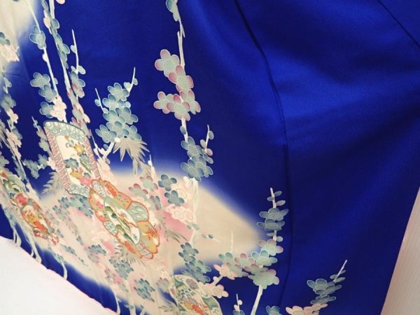 Photo4: 6928T11z1030  Japanese Kimono Silk FURISODE Plum blossom Oriental blue (4)