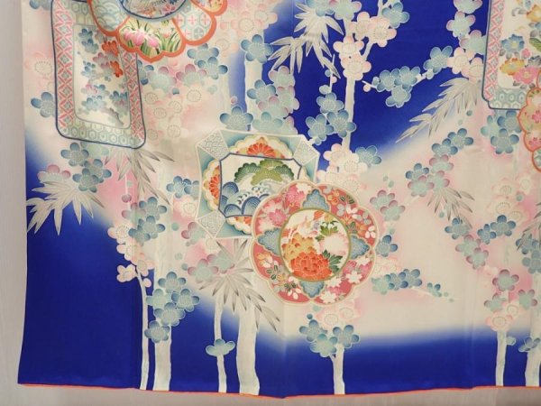 Photo6: 6928T11z1030  Japanese Kimono Silk FURISODE Plum blossom Oriental blue (6)
