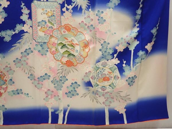 Photo7: 6928T11z1030  Japanese Kimono Silk FURISODE Plum blossom Oriental blue (7)