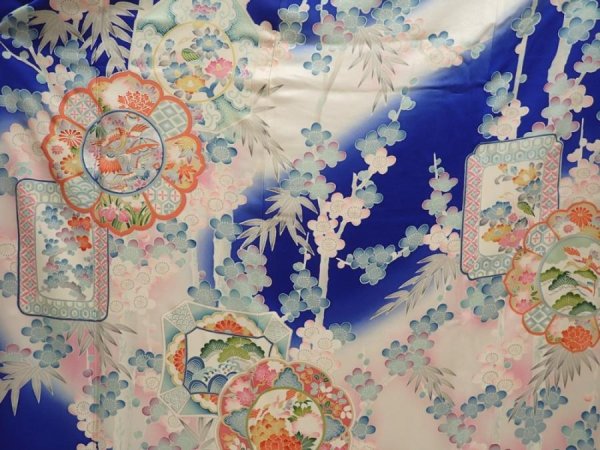 Photo8: 6928T11z1030  Japanese Kimono Silk FURISODE Plum blossom Oriental blue (8)