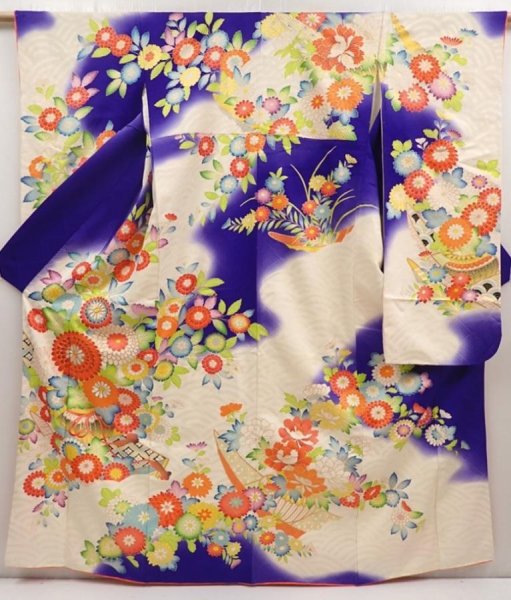 Photo1: 6928T12z1140 Vintage Japanese Kimono Silk FURISODE Chrysanthemum (1)