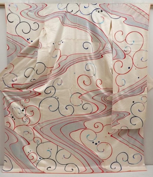 Photo1: 6928T13z1370 Vintage Japanese Kimono Silk FURISODE Stream Off-white (1)