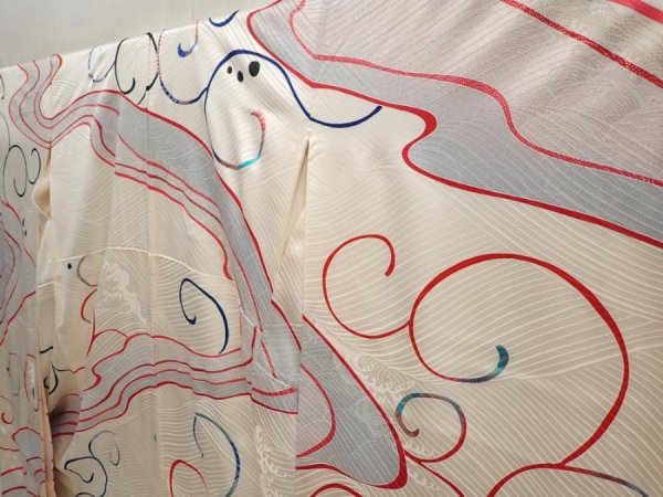 Photo2: 6928T13z1370 Vintage Japanese Kimono Silk FURISODE Stream Off-white (2)