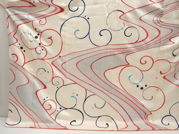 Photo5: 6928T13z1370 Vintage Japanese Kimono Silk FURISODE Stream Off-white (5)