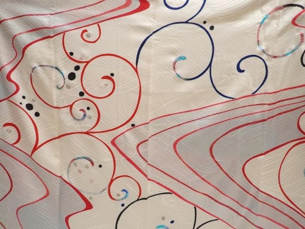 Photo8: 6928T13z1370 Vintage Japanese Kimono Silk FURISODE Stream Off-white (8)