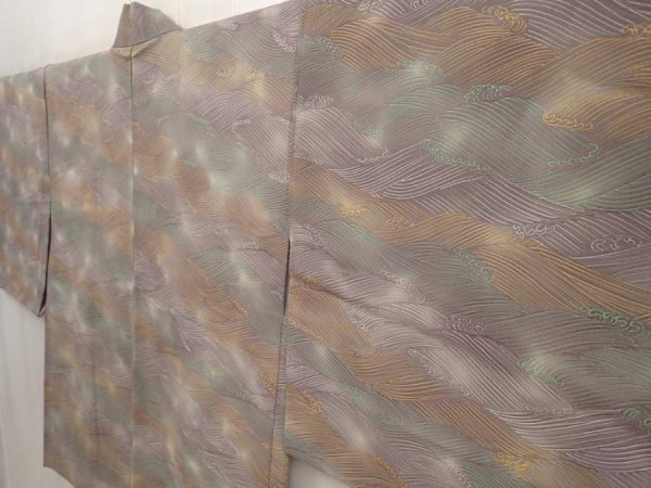 Photo2: 6929T01z620 Vintage Japanese Kimono Silk HAORI Wave Brown-Gray (2)