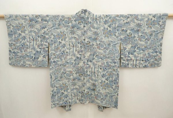 Photo1: 6929T02z520 Vintage Japanese Kimono Crepe Silk HAORI Flowers Light gray (1)