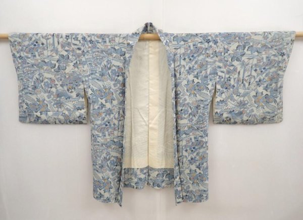 Photo6: 6929T02z520 Vintage Japanese Kimono Crepe Silk HAORI Flowers Light gray (6)