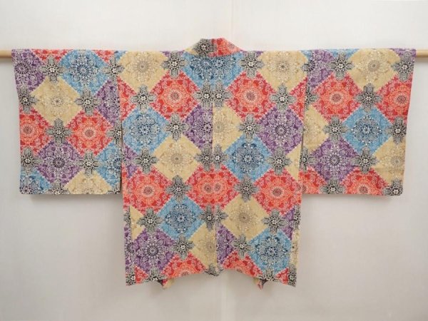 Photo1: 6929T03z610 Vintage Japanese Kimono Silk HAORI Flowers Red (1)