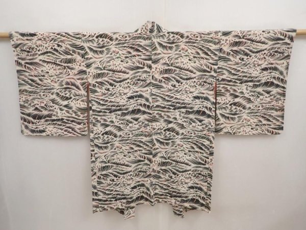 Photo1: 6929T04z480 Vintage Japanese Kimono Silk HAORI Wave Sand beige (1)
