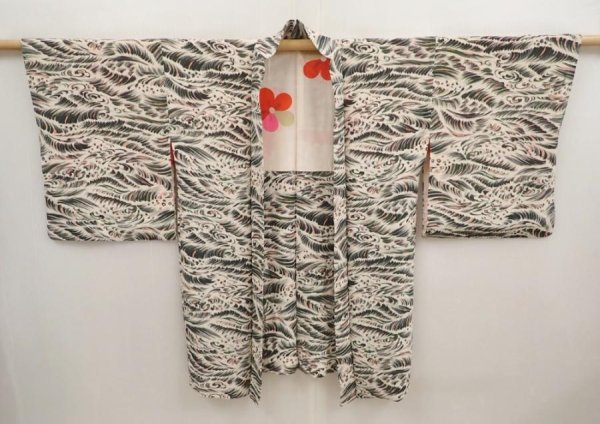 Photo5: 6929T04z480 Vintage Japanese Kimono Silk HAORI Wave Sand beige (5)