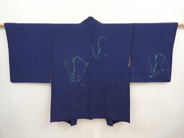 Photo1: 6929T05z590 Vintage Japanese Kimono Silk HAORI Plants Navy (1)