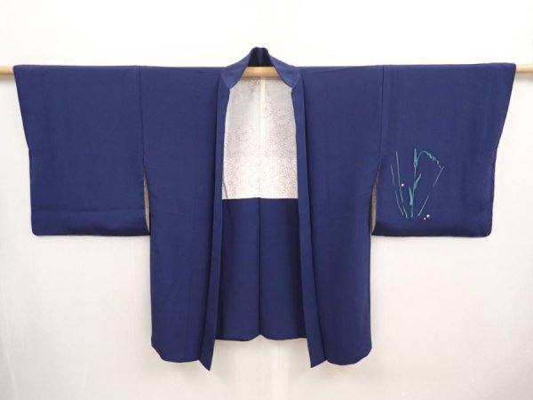 Photo5: 6929T05z590 Vintage Japanese Kimono Silk HAORI Plants Navy (5)
