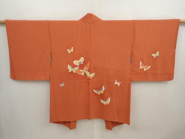 Photo1: 6929T11z580 Vintage Japanese Kimono Silk HAORI Butterfly Orange-Brown (1)
